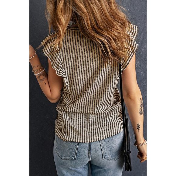 Azura Exchange  Khaki Striped Crew Neck Ruffled Tank Top - Picture 2 of 15
